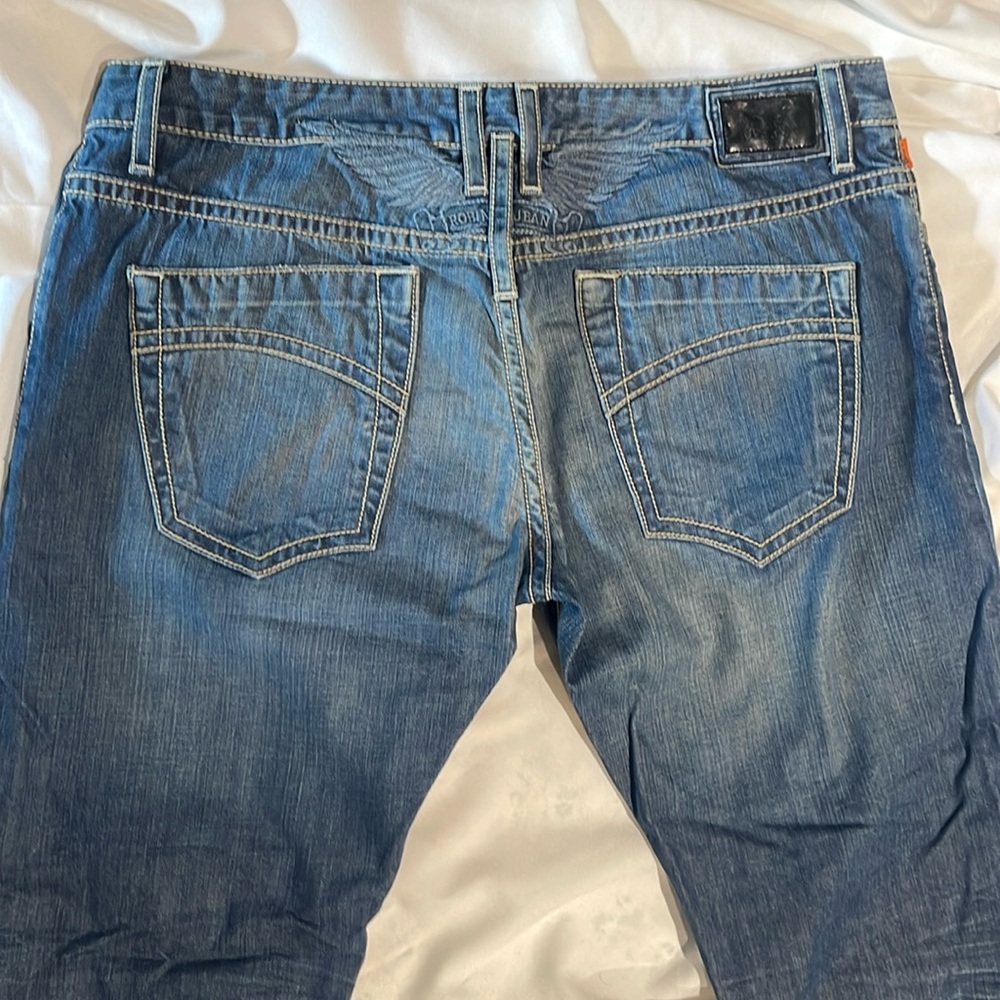 Robins Jeans Marlon Patch Blue Embroidered Wings Straight Leg 40
